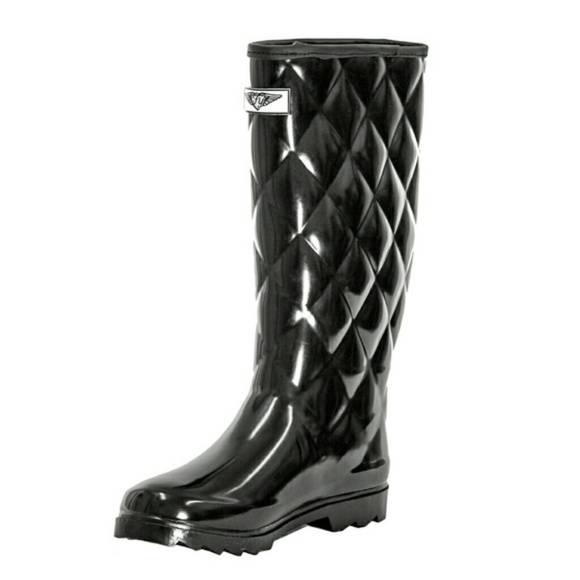 Women's Rainboots, Tall Quilted Waterproof Rain Boots, RB-1411, Black, Size 6 - Picture 1 of 4